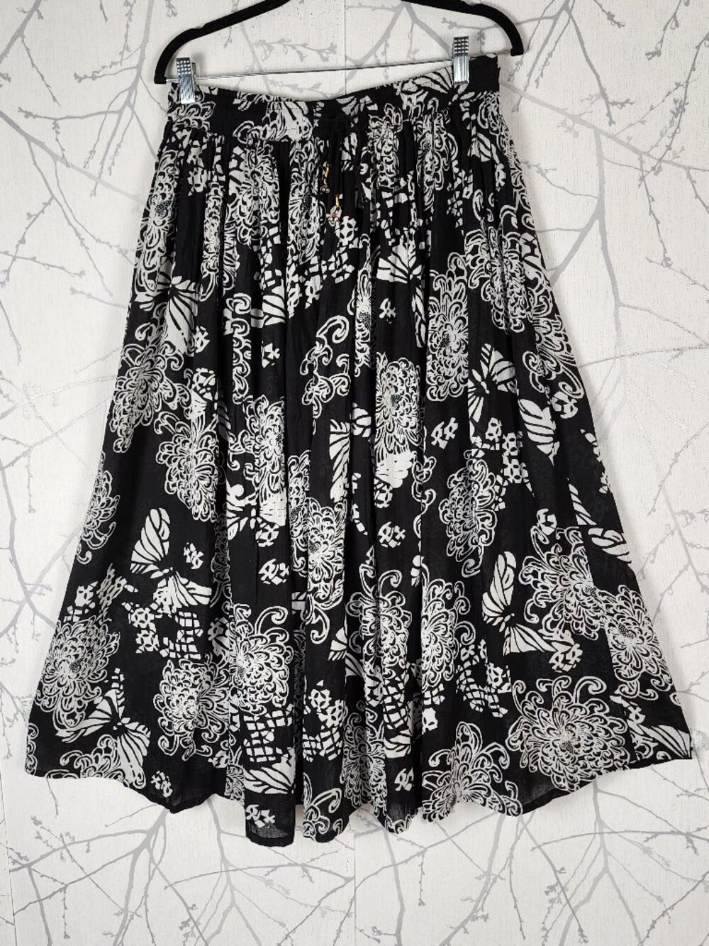 Papa Vancouver Floral Butterfly Drawstring Elastic Waist Long Midi Skirt